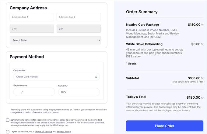Nextiva payment and place order