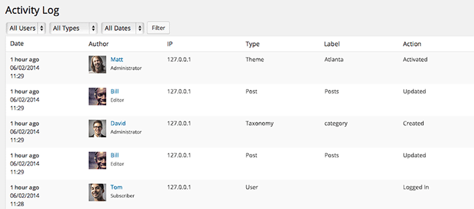 Vizualizare jurnal în pluginul Jurnal de activități