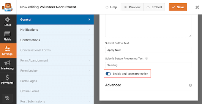 WPForms' anti-spam form settings