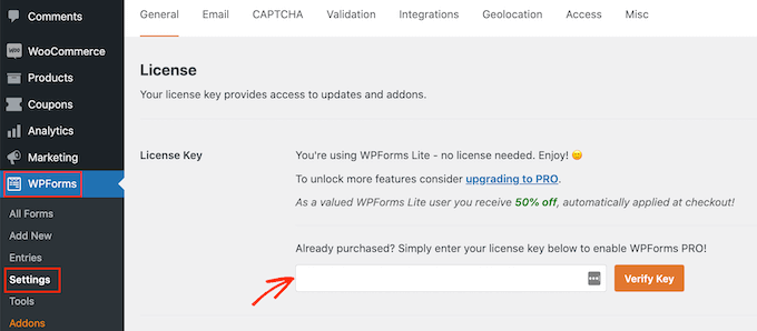 输入您的 WPForms 许可证密钥