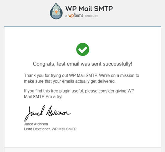 The test email from WP Mail SMTP 