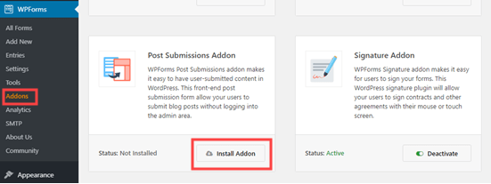  Installing the WPForms post submissions addon