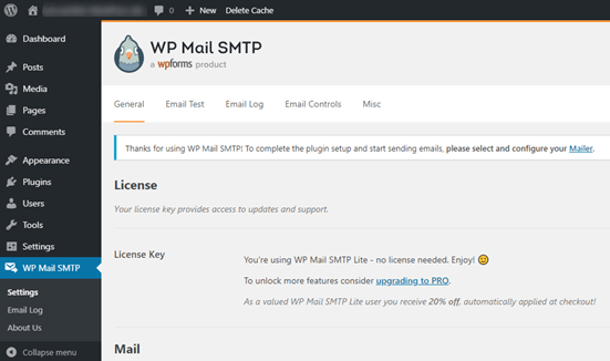 The WP Mail SMTP settings page in your WordPress dashboard