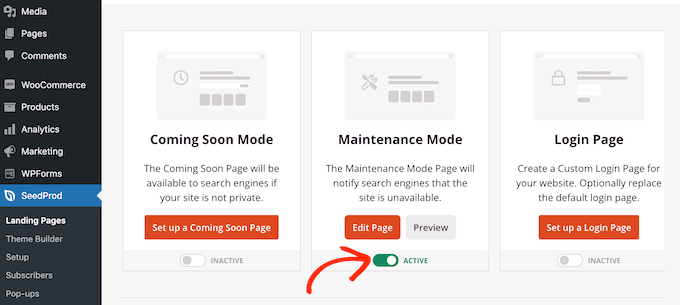 Activating maintenance mode for a WooCommerce store