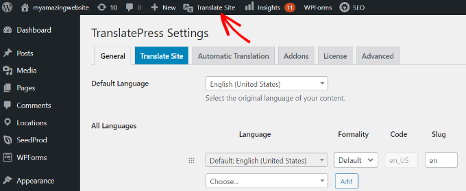 Click the translate site button