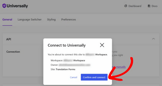 Clique no botão Confirmar e conectar na configuração do Universally