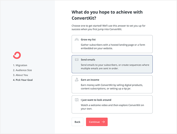 ConvertKit select a goal