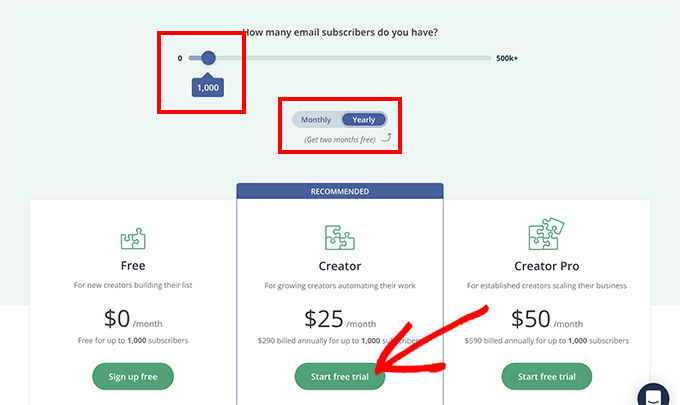 Click the free trial button to try out the Creator plan with ConvertKit