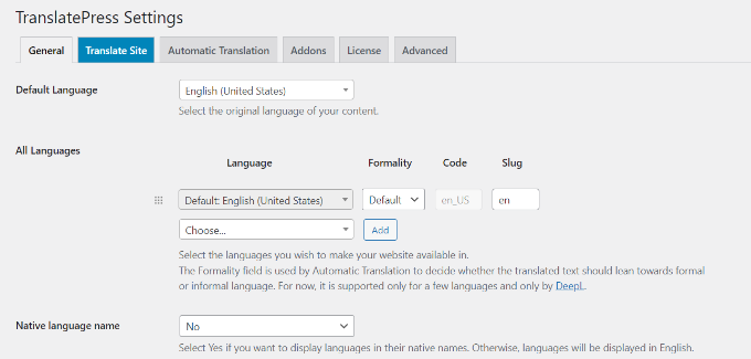 General settings in TranslationPress