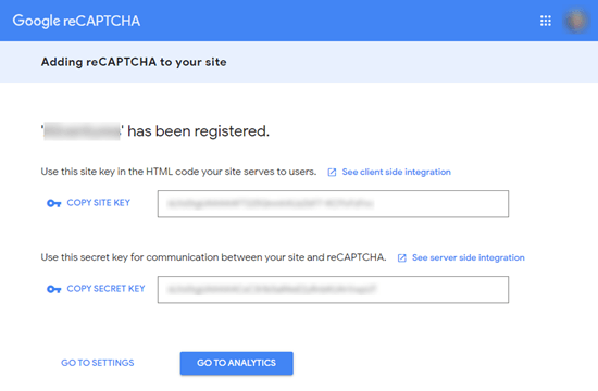 Your site key and secret key from Google reCAPTCHA