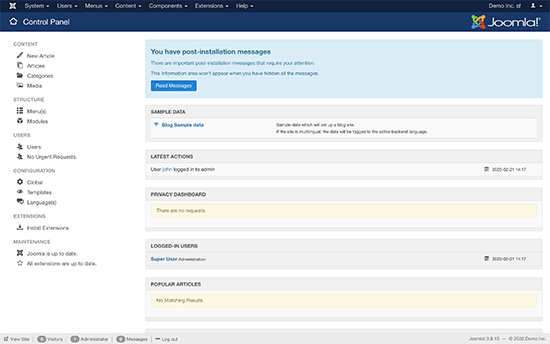 Joomla dashboard after a fresh install