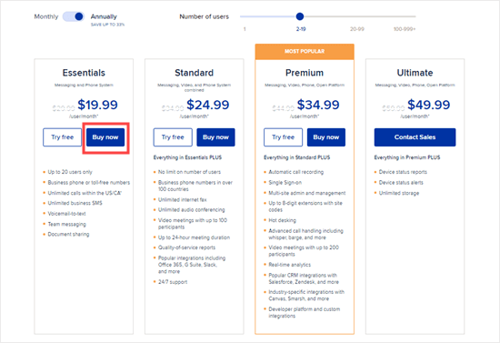 RingCentral's pricing plans