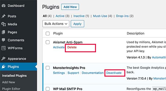 Uninstall a WordPress plugin