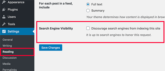 إعدادات رؤية محرك البحث في WordPress