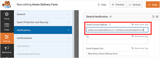 Add the email address where the form submission notification should be sent