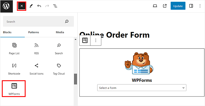 Add the WPForms block for the online order form