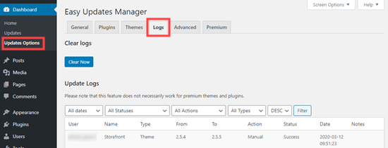 The logs tab of the Easy Updates Manager plugin
