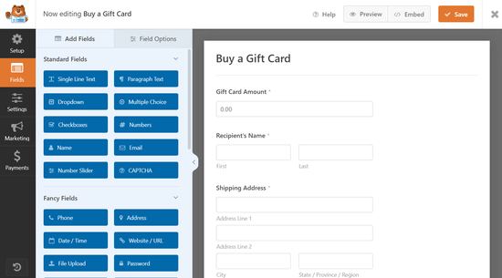Customize the gift card form using the drag and drop builder