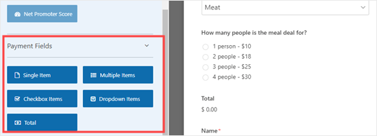 The various payment fields available in WPForms