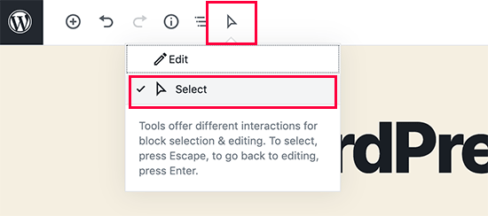 Select block tool in WordPress 5.4