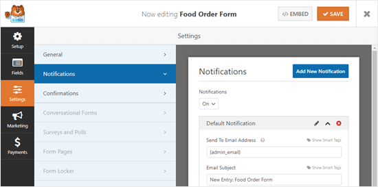 Viewing the notifications for your online food order form