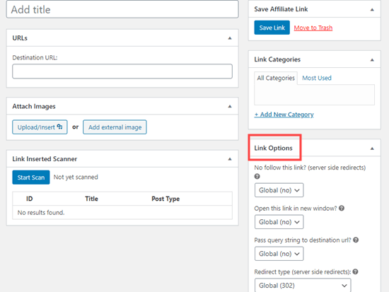 Setting the options for your affiliate link with ThirstyAffiliates