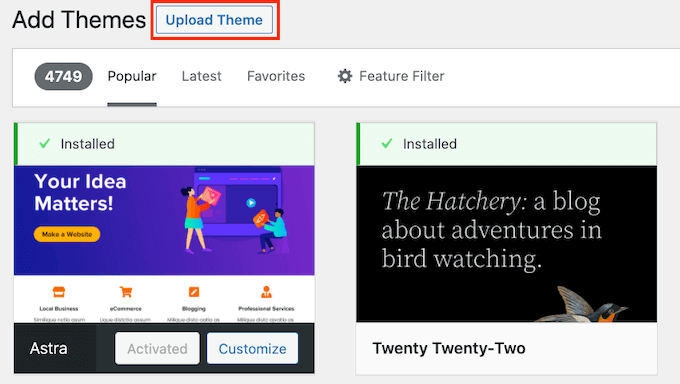 The WordPress upload theme button