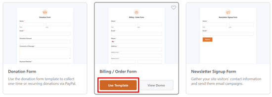 Select the 'Billing / Order Form' template to get started