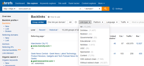 Filtering backlinks with Ahrefs