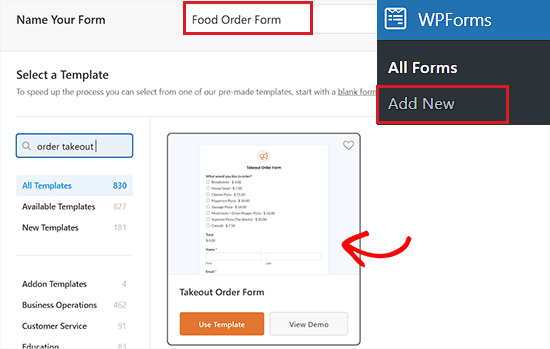 Add the takeout order form template
