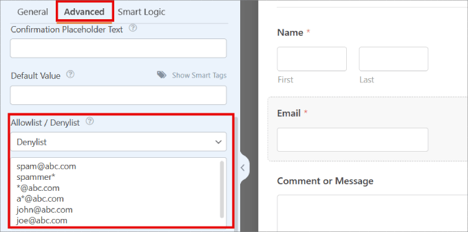 advanced email filtering in wpforms