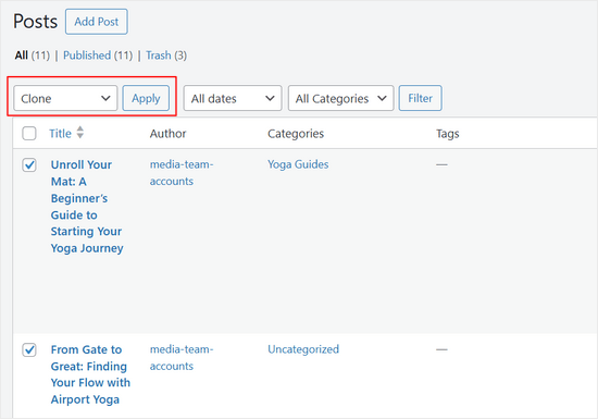Click the Apply button to clone multiple posts