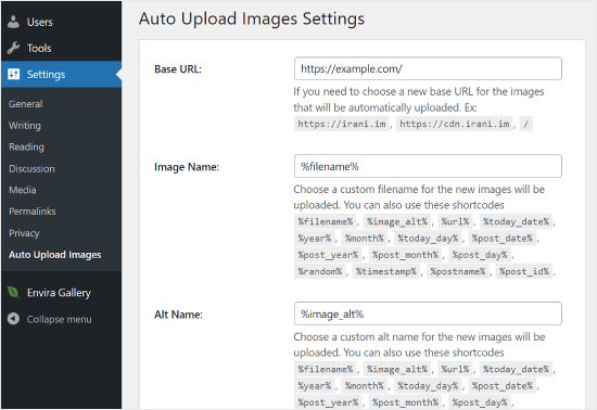 Auto Upload Images plugin settings