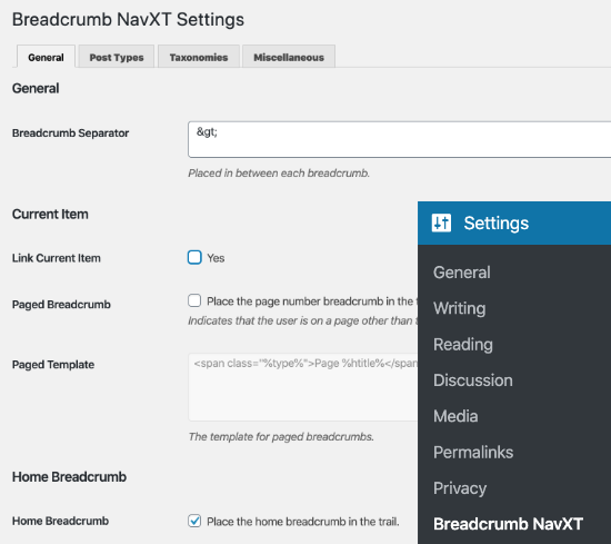 Settings page for Breadcrumb NavXT plugin