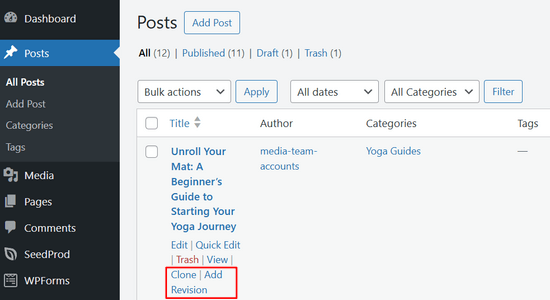 Duplicate Post by AIOSEO will add Clone and Add Revision options below posts in WordPress admin