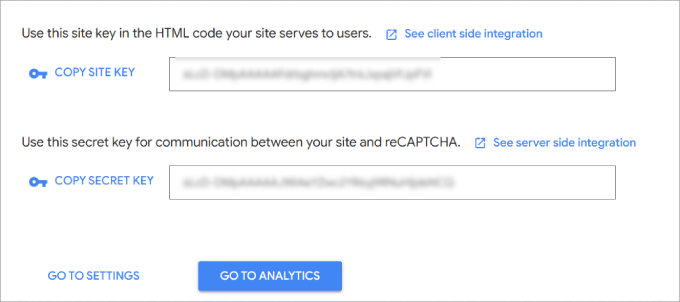 copy site key and secret key in google console 