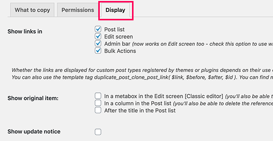 Duplicate Post display options
