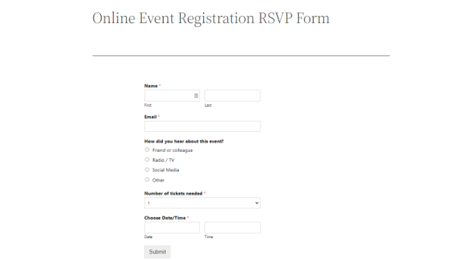Event registration form preview