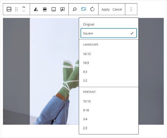 Selecting an aspect ratio in the Image Block Toolbar