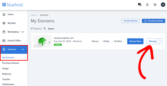 Click on the Manage button next to your domain in Bluehost