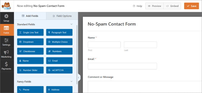 no spam contact form fields 