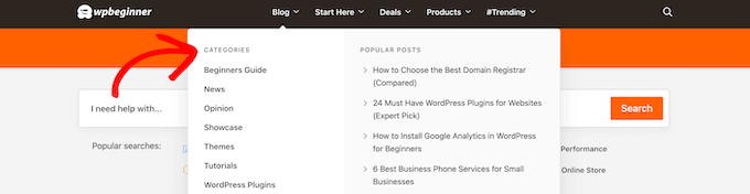 WPBeginner blog categories menu