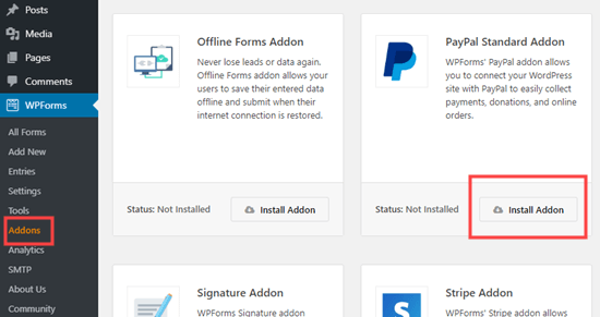 Installing the PayPal addon for WPForms