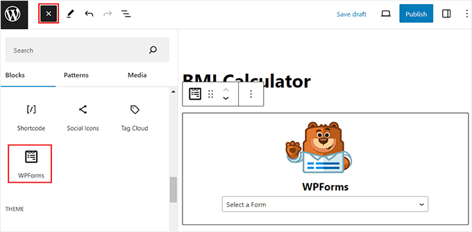 Add BMI calculator form to the page with the WPForms block