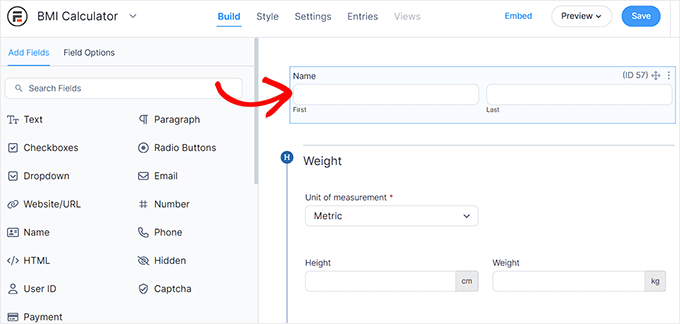 Add form fields of your choice in the BMI calculator from the left column