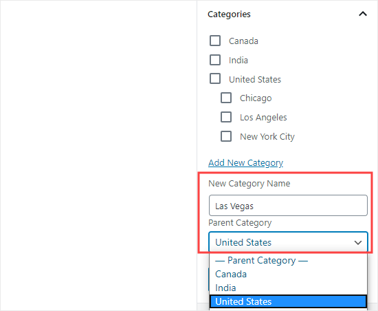 Adding a new child category while creating a post