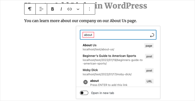 Searching for a Page to Link to Using the WordPress Block Editor