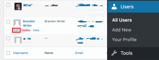 WordPress users dashboard