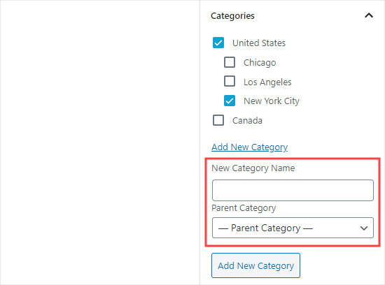 The boxes to add your new category are now visible