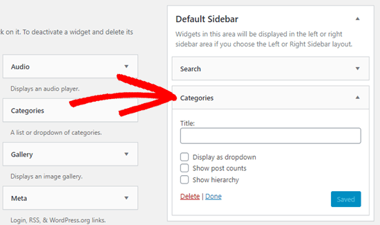 Dragging and dropping the categories widget into place on your sidebar